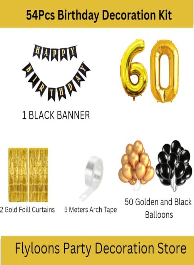 Flyloons 60th Black Gold Happy Birthday Decoration for Girls Kids Boys with Black Happy Birthday Banner,Black,Gold Balloons, Golden Foil Curtain,Arch Tape Birthday Celebration Items, 54 Pieces - Image 2